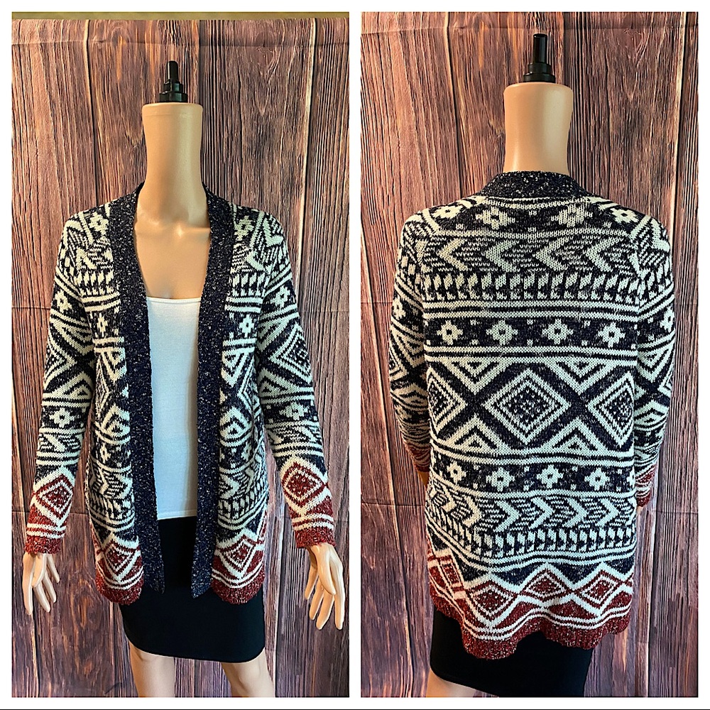Forever 21 size small tribal print long boho cardigan navy blue cream